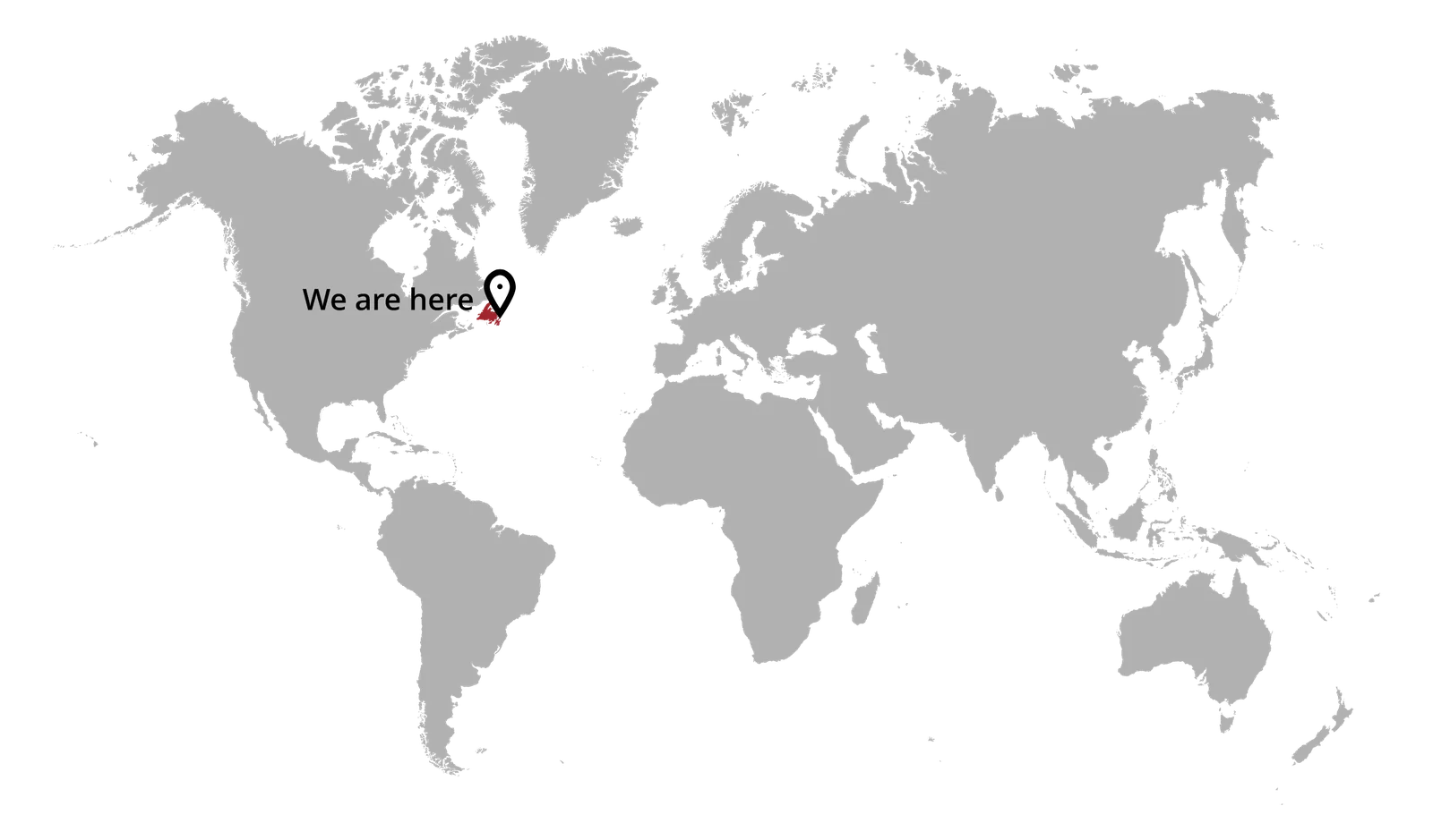 World map with a marker on Newfoundland: “We are here”
